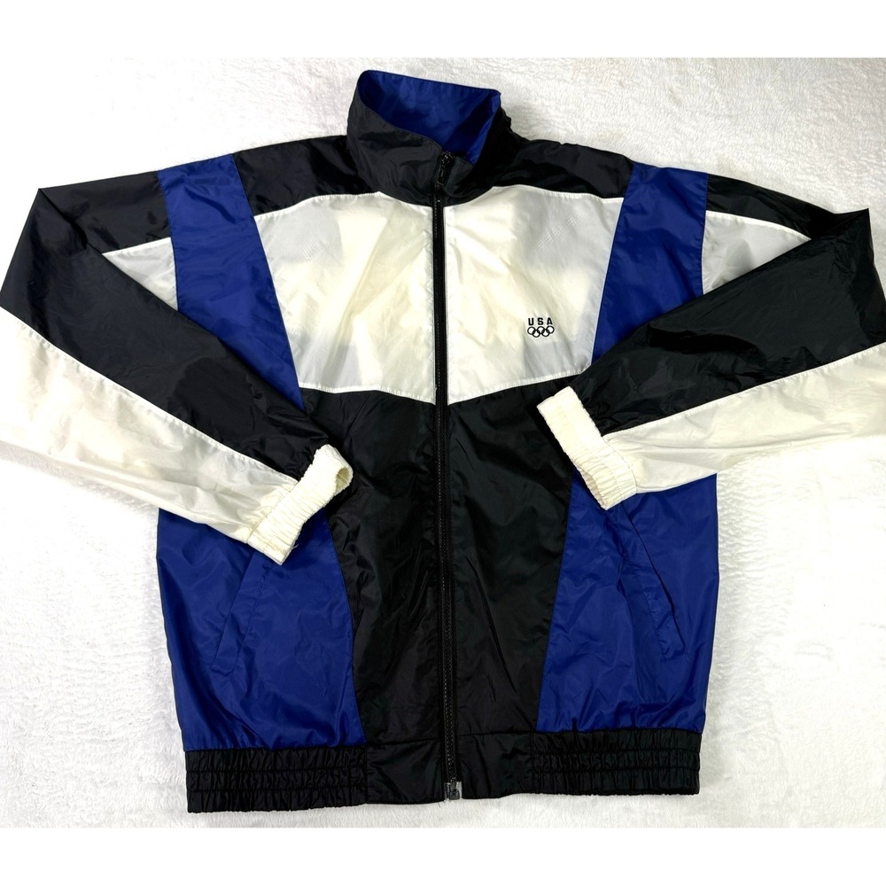 VTG USA Olympics Jacket Mens Sz S Blue‎ White Black Windbreaker Colorblock 90s